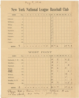 1914 New York Giants vs. West Point Scorecard from 5/9/1914 – Jim Thorpe Home Run!
